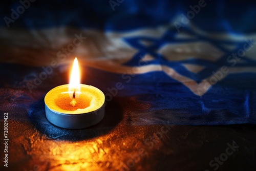 burning candle on the flag of Israel on a dark background