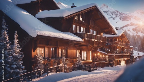 house in the snow A ski resort in the Alps. The slopes are smooth and the lifts are running. 