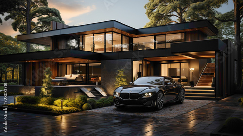 Step into a captivating residence that defines uniqueness and attractiveness, complete with a garage featuring a parked car and an inviting garden. 