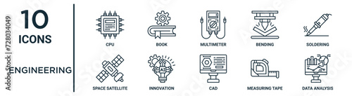 engineering outline icon set such as thin line cpu, multimeter, soldering, innovation, measuring tape, data analysis, space satellite icons for report, presentation, diagram, web design