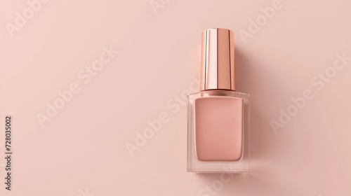 Nude nail polish glass bottle mockup on beige background, 3D rendered product for showcase and advertisement