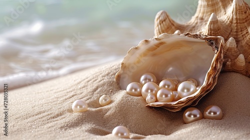 Open oyster with pearl inside laying on beach sand sea shore wallpaper background 