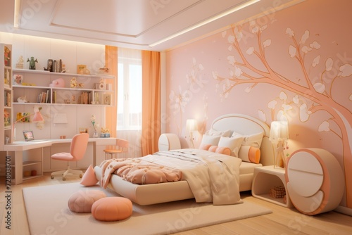 modern kids room interior in pastel peach color in maximalist style with bed, lots of details, furniture and decor. 