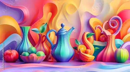 Colorful Abstract Still Life with Fruits and Pitchers