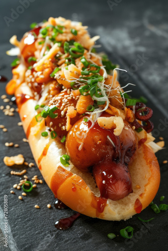 "Whimsical Takoyaki Hot Dog", street food and haute cuisine