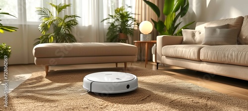 White robot vacuum cleaner on brown laminate floor in cozy apartment with copy space