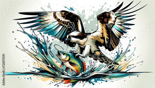 Dynamic artwork depicting an osprey catching a fish mid-flight,with water splashing dramatically around them,illustrated in a colorful,energetic,and graphic style.Birds behavior concept.AI generated.