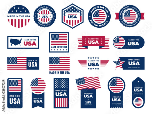 Made in usa labels. American guarantee emblems, patriotic signs, tags with national flag colors and symbols, quality certificates stickers, patriotic signs. Banners templates. Vector set