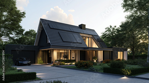 Generate a detailed and realistic image of a modern suburban house, highlighting its eco-friendly features with a state-of-the-art photovoltaic system on the gable roof, a well-maintained landscaped y