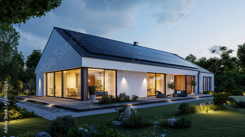 Generate a detailed and realistic image of a modern suburban house, highlighting its eco-friendly features with a state-of-the-art photovoltaic system on the gable roof, a well-maintained landscaped y