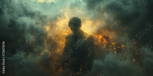 Mann im Tunnel mit Gewitterwolken düster mit Nebel, ai generativ