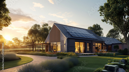 Generate a detailed and realistic image of a modern suburban house, highlighting its eco-friendly features with a state-of-the-art photovoltaic system on the gable roof, a well-maintained landscaped y