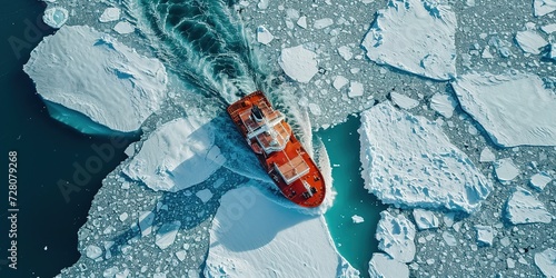 Icebreaker ship cruising through the arctic ice floes in Greenland