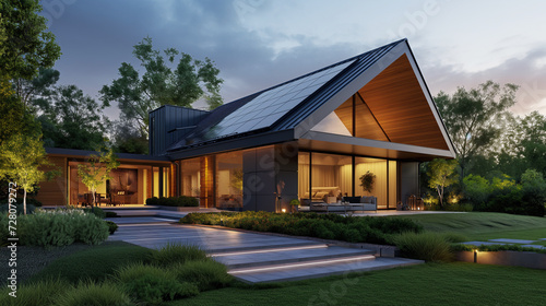 Generate a detailed and realistic image of a modern suburban house, highlighting its eco-friendly features with a state-of-the-art photovoltaic system on the gable roof, a well-maintained landscaped y