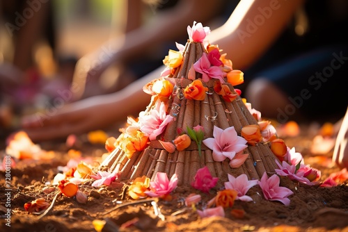 Sand pagoda adorned with colorful flowers and ornaments