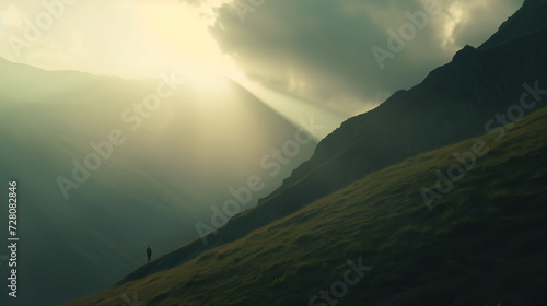 Rays of sun on the slope of a mountain
