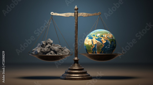 Bilancia con il pianeta Terra da una parte e le rocce dall'altra. Quanto pesa la terra? Significato metaforico e ambientale: non riduciamo la terra un ammasso di detriti.