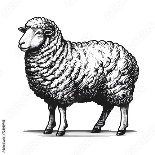 Detailed Black and White Illustration of a Woolly Sheep Standing