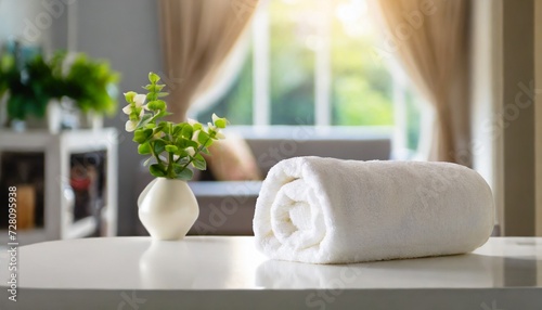 roll up of white towels on white table with copy space on blurred living room background