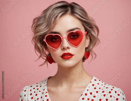 Sexy young woman in red heart glasses with amazing hairstyle on pink background. Valentine's Day