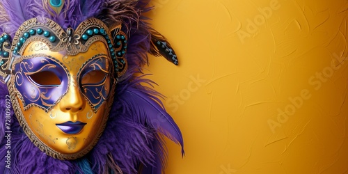 bright Mardi Gras mask with feather decoration. perfect for carnival, party, halloween. copy space 
