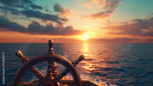 3D rendering, illustration of a ship steering wheel, commonly known as helm, at sunset