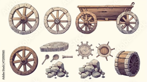 Ancient wheel. Wooden wheelbarrow, rusty wagon and old stone wheels. Retro car tires cartoon vector game design assets set of antique wood wheel, old and ancient illustration