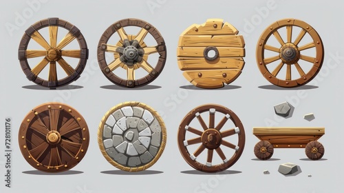 Ancient wheel. Wooden wheelbarrow, rusty wagon and old stone wheels. Retro car tires cartoon vector game design assets set of antique wood wheel, old and ancient illustration