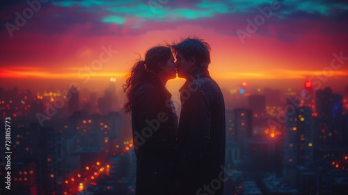 Lovers' embrace: couple's affectionate kiss with the city lights as their witness
