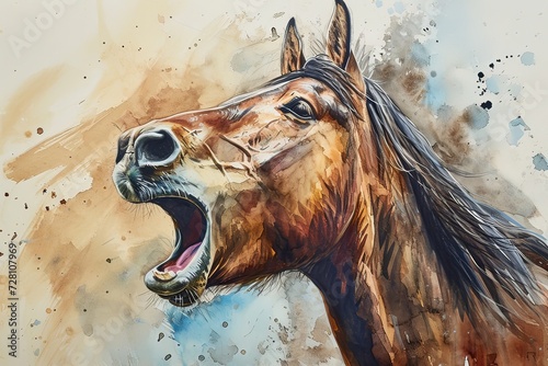 Watercolor close up of a neighing horse