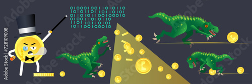 A cartoon illustration depicting a gentleman in the guise of a coin explains the principles of cryptocurrency exchanges to awkward dinosaurs