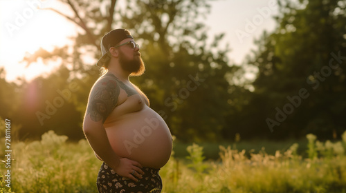 Heavily pregnant transgender man. AI generated
