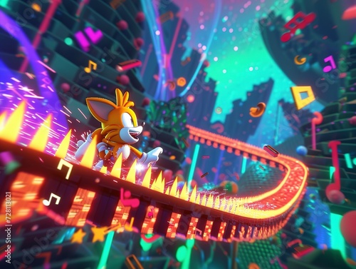 Symphonic Rush, a hybrid video game fusing PaRappa-style rhythm gameplay with Sonic-style 2D platforming, starring Symphonic the Hedgehog