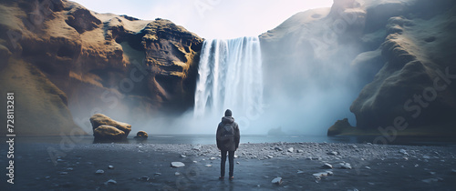 a man standing in front of a waterfall in iceland, in the style of pixelated landscapes, photo-realistic landscapes, blurred landscapes, cinestill 50d, misty gothic, light indigo and dark beige