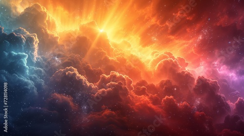 Vivid rainbow cosmic clouds with glowing particles. Mystical sparkling heaven. Ethereal nebula. Abstract beautiful sky background. Concept of surreal cloudscape, fantasy art, mystery and miracle