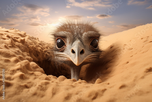 One displeased ostrich head peek out from sand pit. Hiding ostrich funny conception. Sunny desert as background.