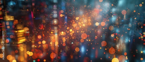Steampunk nigth city bokeh. Defocused background. Shallow depth of field. Bright glowing lights in megapolis under dusk sky in evening on blurred background