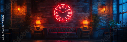 Fantasy steampunk background with neon clock and lamps on a brick wall. Space for text. Desktop wallpaper.