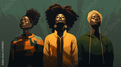 Whispers of Equality, Poetic Abstraction of Three Women with Afros in Green and Amber, Celebrating Black History.