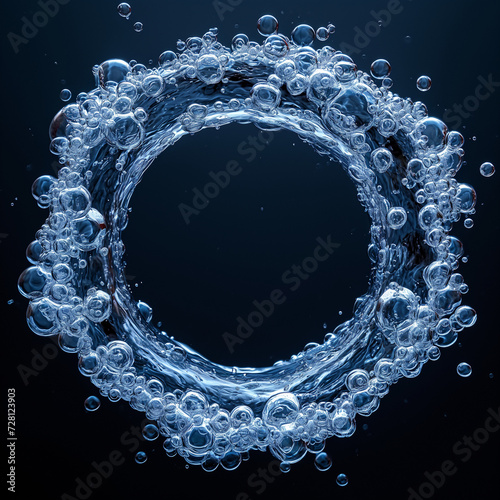 Blauer Ring aus Wasser Blubber Blasen auf schwarzen Hintergrund, ai generativ
