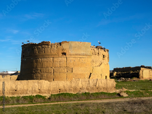 Cylindrical dovecote from Villamartin de Campos from 1858 made of adobe. Palencia, Castile and Leon, Spain.