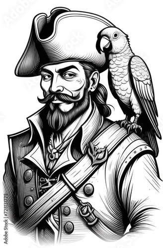 corsair with parrot oh his shoulder. bnw pirate engraving illustration on white background