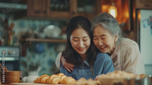 Asian lovely family, young daughter look to old mother cook in kitchen. Beautiful female enjoy spend leisure time and hugging senior elderly mom bake croissant on table in house. Activity relationship