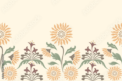 Vintage Floral embroidery patterns seamless ethnic batik retro. Sunflower flowers motifs paisley print template. Watercolour brush textured design hand drawn. Vector illustration on white background.