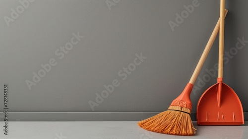 Orange broom and dustpan set against a smooth gray wall