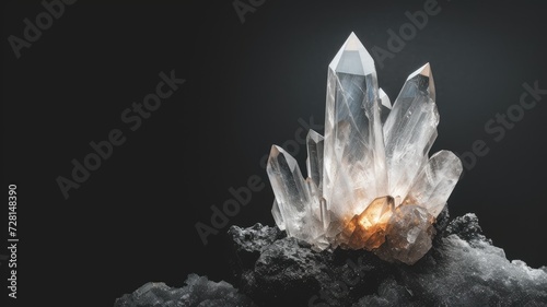 Majestic quartz crystal cluster glowing on dark background