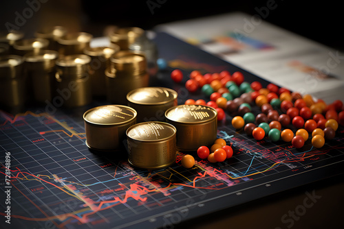 Financial Market Analysis Concept with Bullion and BeadsA sophisticated financial market analysis concept featuring gold bullion and colorful beads on a graph, symbolizing wealth, investment strateg