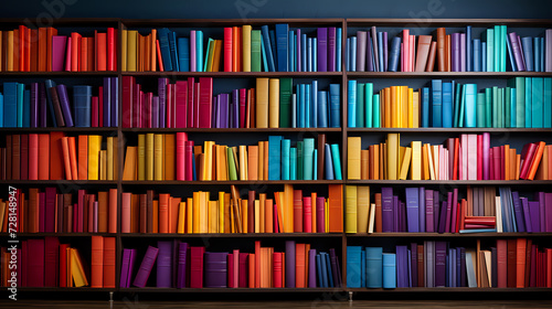 Colorful Bookshelf OrganizationA vibrant array of organized books on a shelf, showcasing a gradient of colors, perfect for interior design themes and educational concepts.