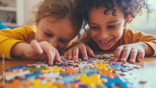 Two joyful children deeply engaged in solving a colorful jigsaw puzzle together