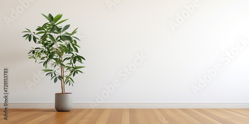 A room with white walls, hardwood flooring, and a large green plant in the center.